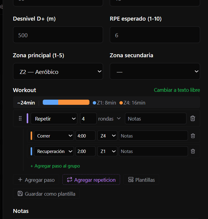Workout builder con intervalos