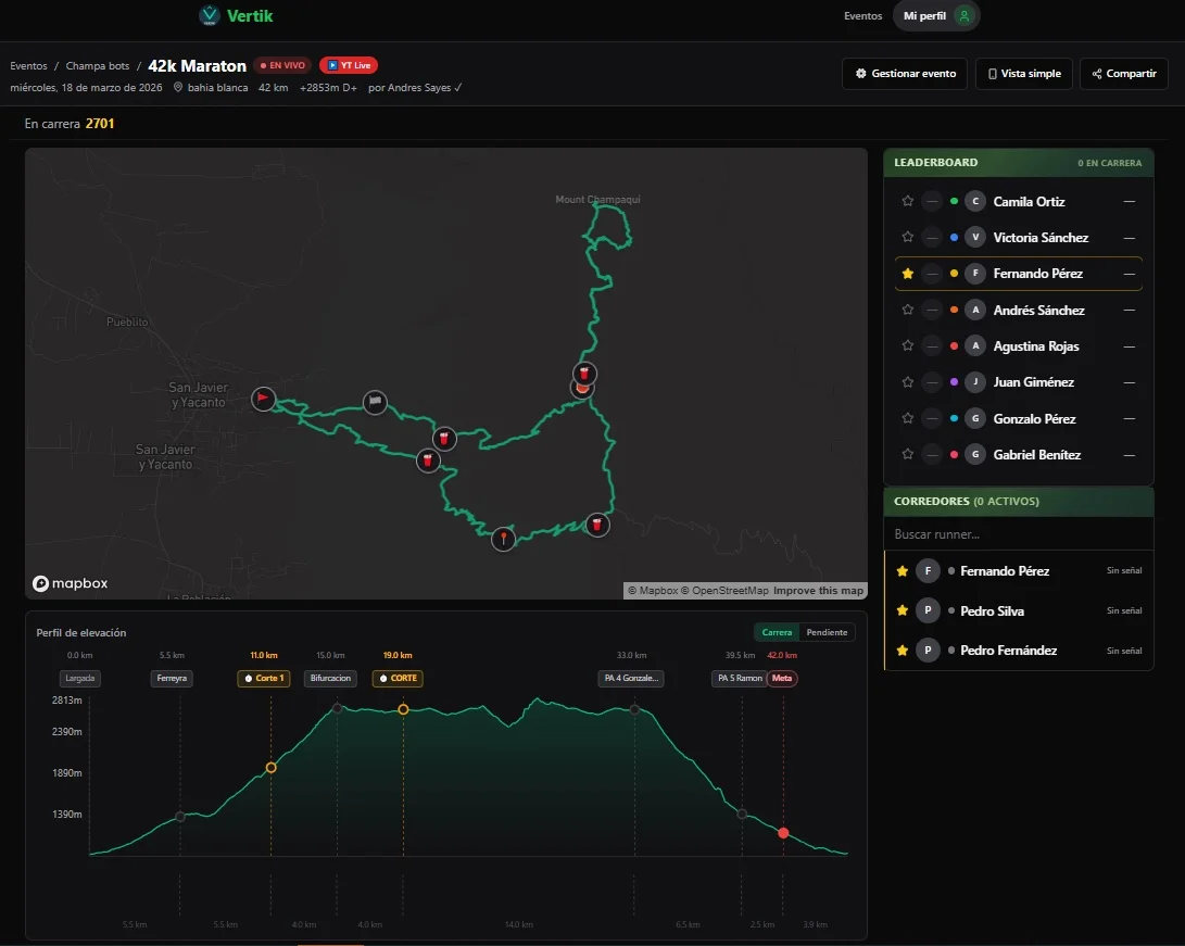 Vista de seguimiento en vivo de una carrera en Vertik: mapa con checkpoints, leaderboard y perfil de elevación